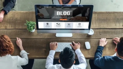 Pessoas trabalhando em equipe em um escritório com um computador exibindo um blog empresarial, destacando a importância do conteúdo digital.