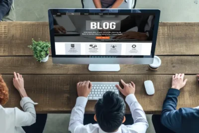 Pessoas trabalhando em equipe em um escritório com um computador exibindo um blog empresarial, destacando a importância do conteúdo digital.