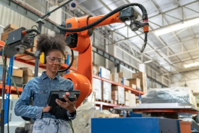 A imagem representa uma jovem operando um robô industrial, simbolizando como a Revolução Industrial moldou o setor produtivo atual.