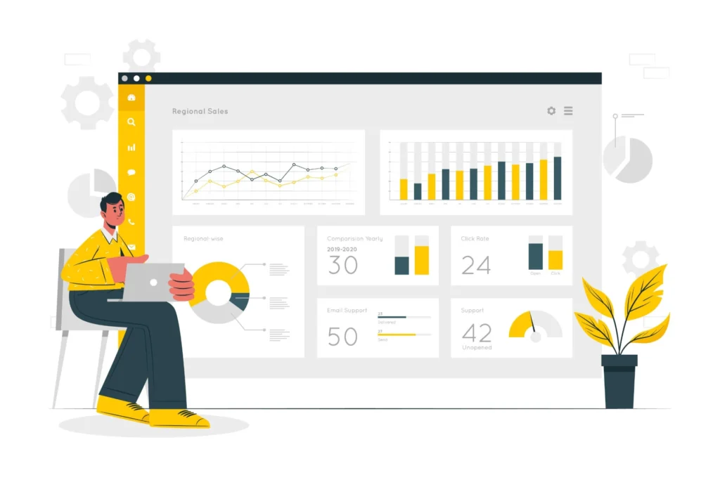 Imagem ilustrativa mostrando um profissional analisando gráficos e dados em um painel. Representa a metodologia de como cruzar dados do GSC e Google Analytics para insights mais profundos.