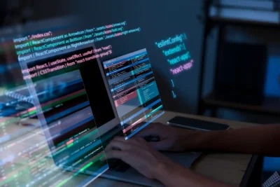 Imagem de uma pessoa programando em um laptop com códigos de inteligência artificial e tendências em IA Generativa, refletidos na tela.