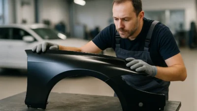 Técnico automotivo inspeciona paralama preto apoiado sobre bancada de metal em oficina iluminada, avaliando qualidade e acabamento com atenção aos detalhes.