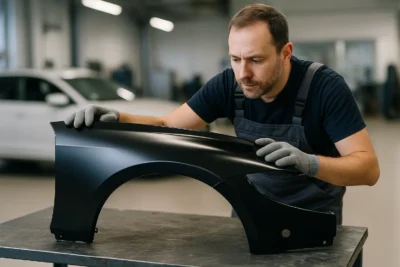 Técnico automotivo inspeciona paralama preto apoiado sobre bancada de metal em oficina iluminada, avaliando qualidade e acabamento com atenção aos detalhes.