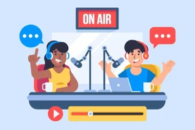 Imagem ilustrativa de um estúdio de rádio e TV com duas pessoas apresentando um programa ao vivo, com o texto 'On Air' acima e uma câmera de transmissão, simbolizando o retorno da credibilidade na mídia tradicional como fontes seguras para consumidores.