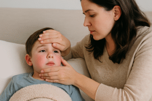 Mãe com expressão preocupada toca a testa e o queixo do filho deitado, que apresenta bochechas avermelhadas e aparência febril, em uma cama coberta com cobertor felpudo, em ambiente doméstico iluminado suavemente.
