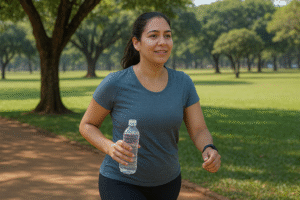 O ChatGPT disse: Uma mulher de meia-idade pratica caminhada no Parque da Cidade Sarah Kubitschek, em Brasília. Ela veste camiseta esportiva azul e calça legging preta, segura uma garrafa de água na mão direita e sorri enquanto caminha em uma pista de terra cercada por gramado verde e árvores.