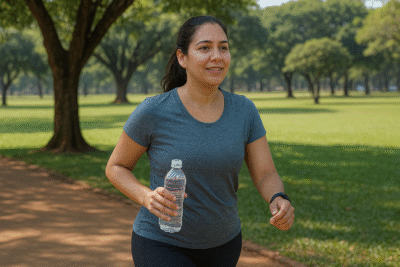O ChatGPT disse: Uma mulher de meia-idade pratica caminhada no Parque da Cidade Sarah Kubitschek, em Brasília. Ela veste camiseta esportiva azul e calça legging preta, segura uma garrafa de água na mão direita e sorri enquanto caminha em uma pista de terra cercada por gramado verde e árvores.