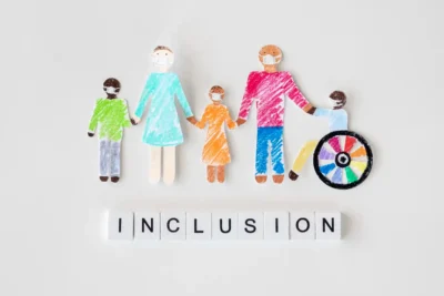 Ilustração de papéis cortados com representação de pessoas com diferentes capacidades físicas e de inclusão, destacando a importância do design inclusivo e acessibilidade como diferencial competitivo.