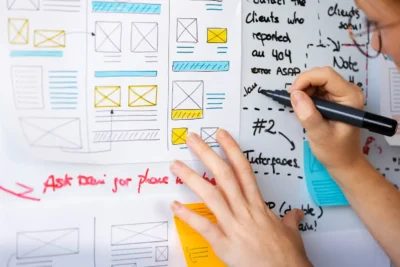 Profissional criando wireframes para otimizar UX Writing, melhorando navegação e aumentando conversões em sites e aplicativos.