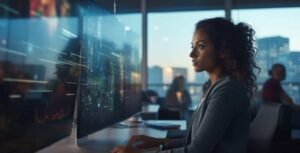 Olho humano sobreposto a painel digital, representando monitoramento avançado e observabilidade em TI.