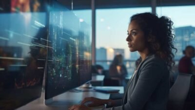 Olho humano sobreposto a painel digital, representando monitoramento avançado e observabilidade em TI.