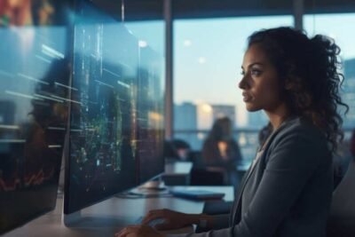 Olho humano sobreposto a painel digital, representando monitoramento avançado e observabilidade em TI.