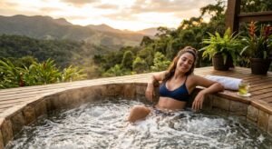 Uma mulher relaxa em uma banheira de hidromassagem.