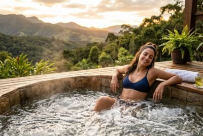 Uma mulher relaxa em uma banheira de hidromassagem.